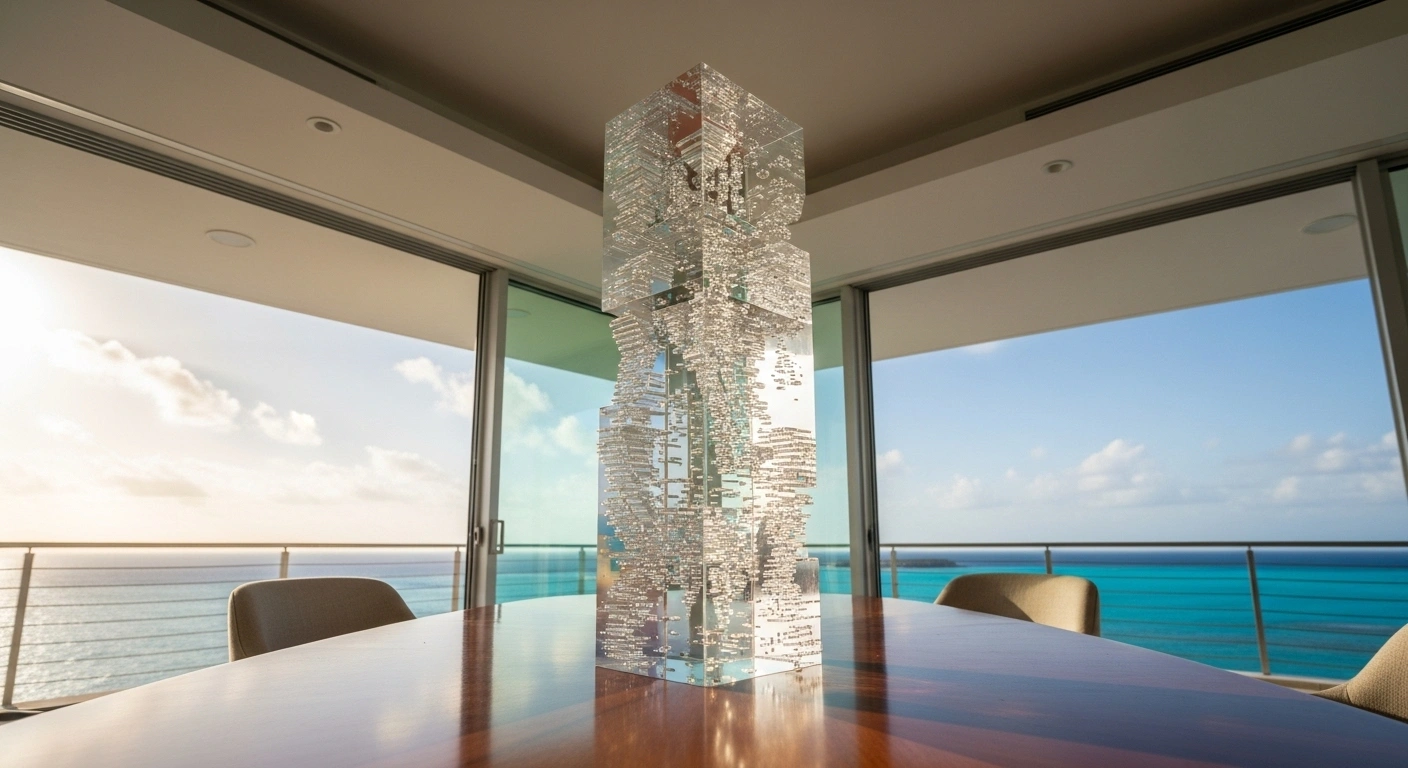 A towering, crystalline data sculpture, symbolizing the Cayman Islands' Residential Property Price Index tracking condominium prices from 1998 to 2024, stands on a polished table within a sunlit penthouse overlooking the turquoise Caribbean Sea.
