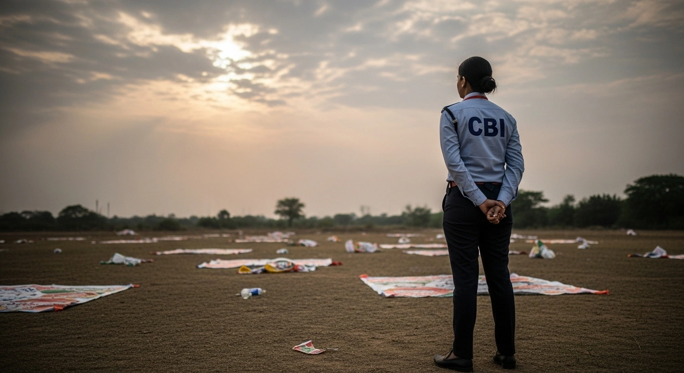 A lone CBI investigator stands in a desolate, overcast open ground, surveying the scattered remnants of a past political rally, symbolizing the ongoing investigation into the Karur stampede.