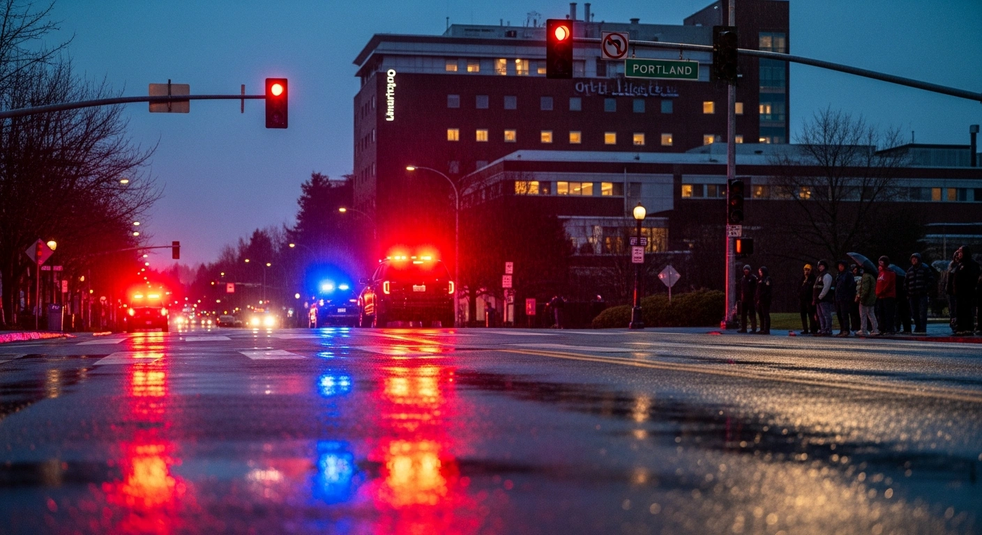 A tense, rain-slicked street scene in Portland, Oregon, shows flashing emergency lights around a stopped vehicle, with a crowd gathering near Adventist Health Portland, depicting the aftermath of a U.S. Customs and Border Protection shooting incident on January 8, 2026, which wounded two individuals and sparked protests.