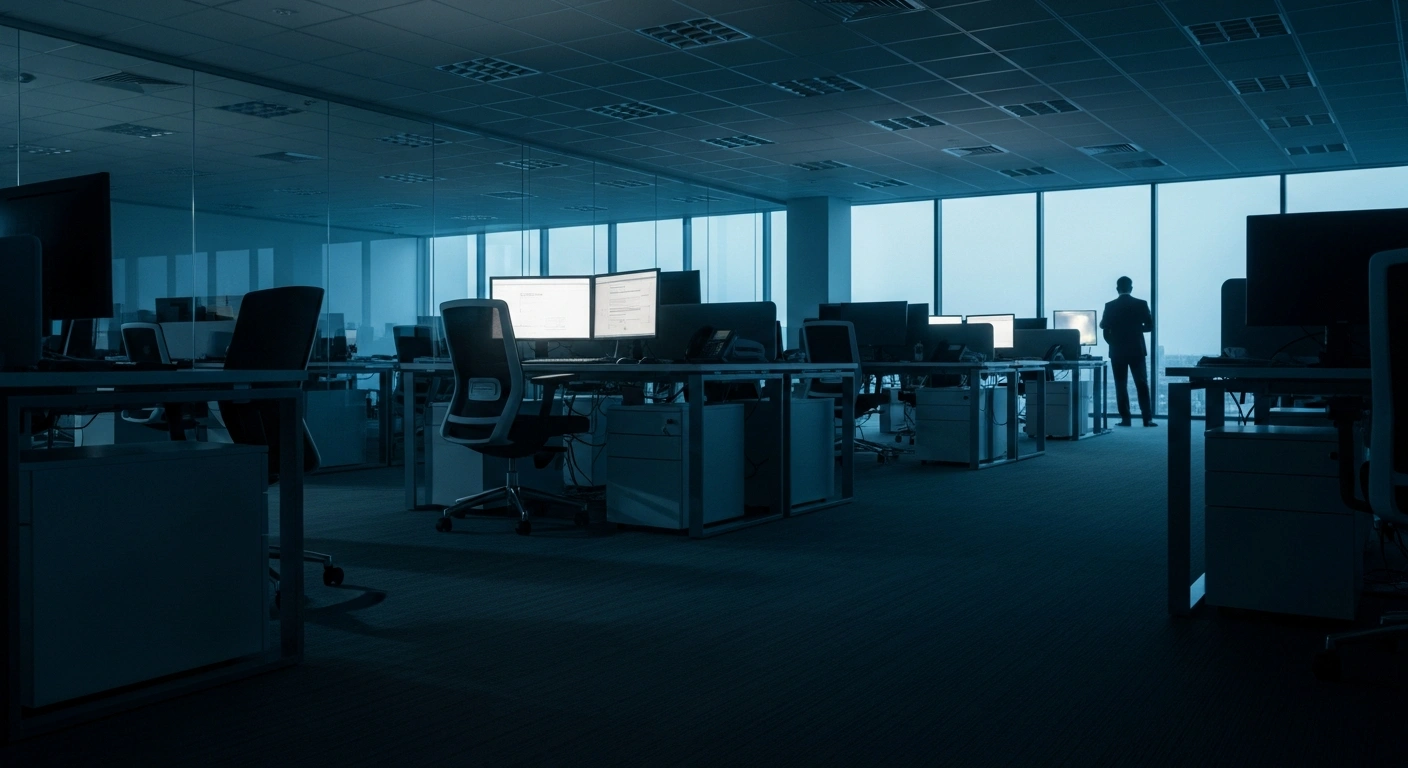 The interior of a modern, empty CBS News office at dusk reflects the company's strategic restructuring and staff layoffs.