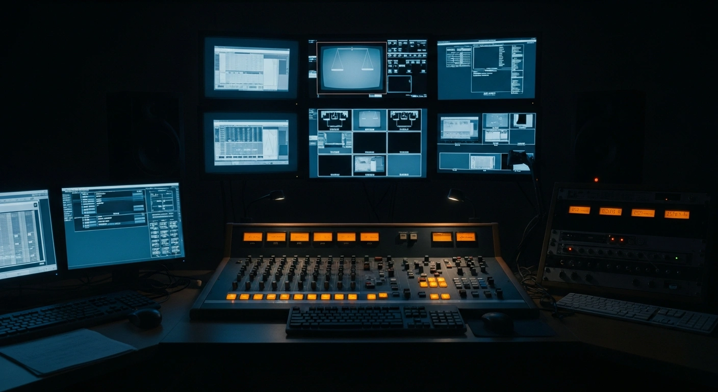 A dimly lit local cable access television control room with broadcast equipment representing the resolution of the copyright dispute between CBS, Paramount, and a Michigan station.