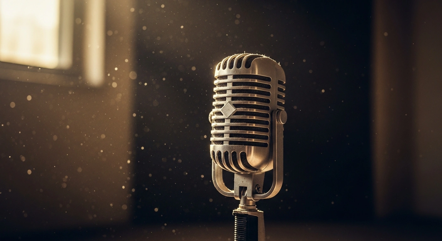 A vintage broadcast microphone sits in a dark, empty studio representing the closure of the CBS News radio division.
