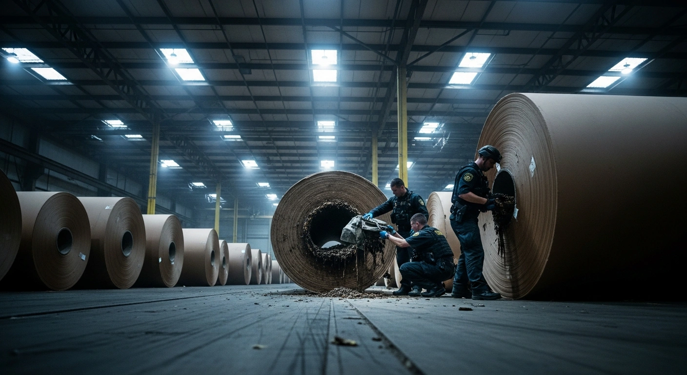 Canada Border Services Agency officers inspect industrial paper rolls containing a large shipment of intercepted opium at a facility in Delta, British Columbia.