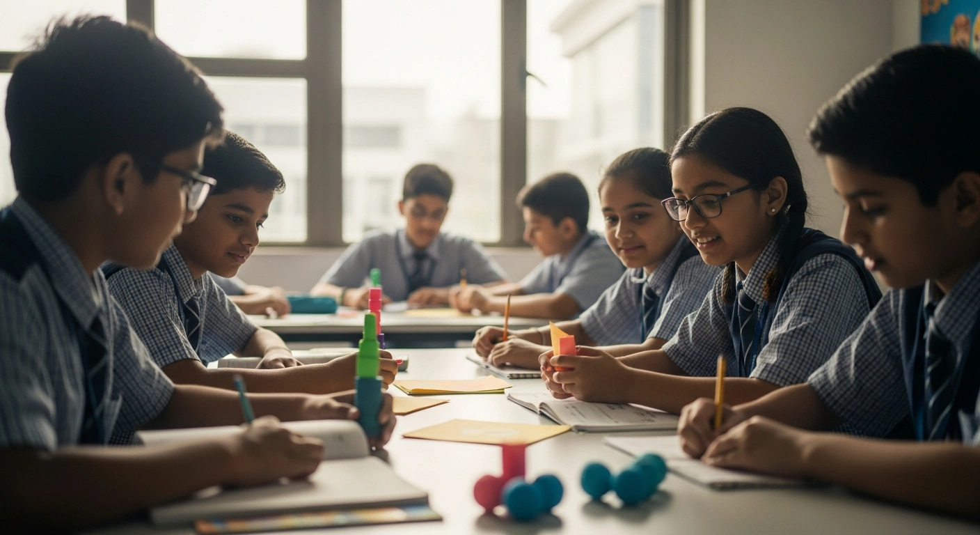 A group of diverse Indian students sits in a modern classroom as part of the new CBSE policy requiring the study of a third language.
