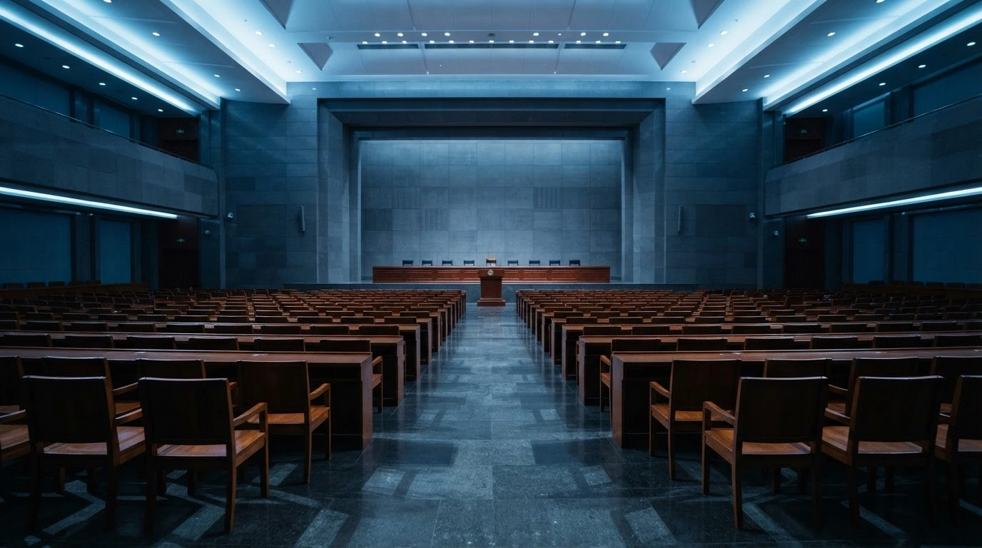 A wide-angle view of a formal conference hall in Beijing where the Central Commission for Discipline Inspection meets to discuss anti-corruption and party governance.