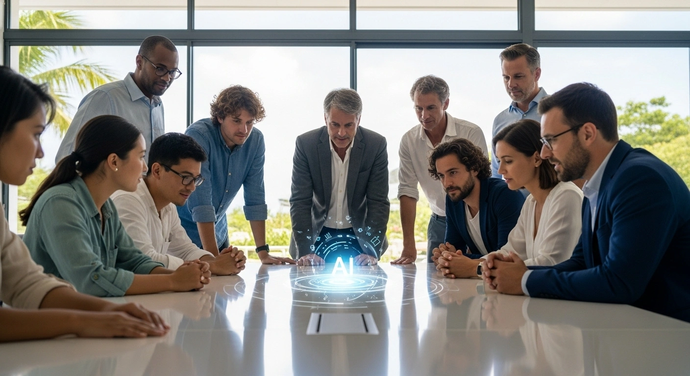 A diverse group of professionals, young creators, and business leaders from Saint-Martin are gathered around a modern conference table, intently observing an ethereal blue-white holographic projection representing artificial intelligence, in a bright room with tropical views, symbolizing the CCISM's E-Weekend event.
