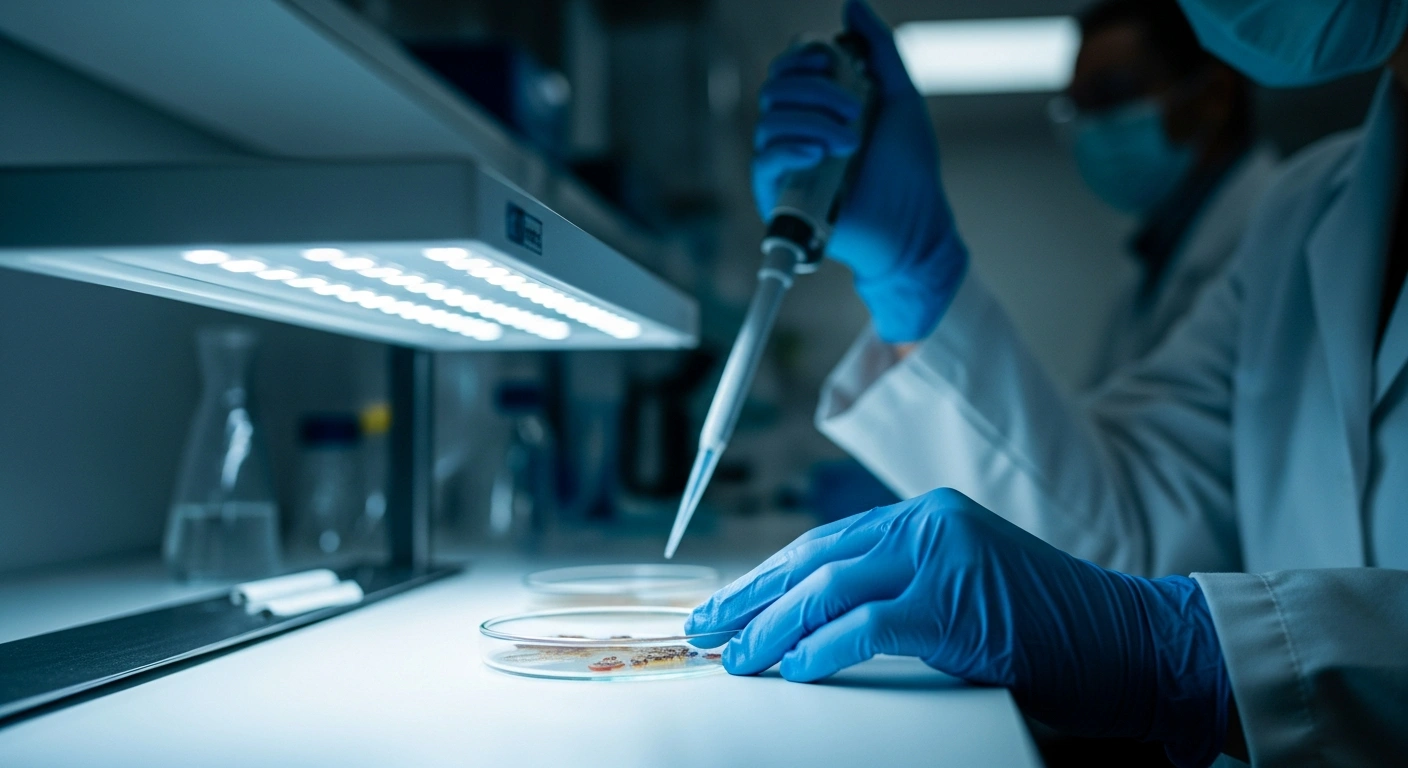 A medical researcher in a laboratory examines organic samples under a microscope to investigate the source of a widespread cyclosporiasis parasitic outbreak.