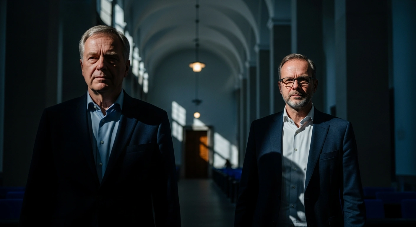 Chancellor Friedrich Merz and Minister-President Hendrik Wüst stand in a parliamentary hallway during a period of internal CDU leadership scrutiny.