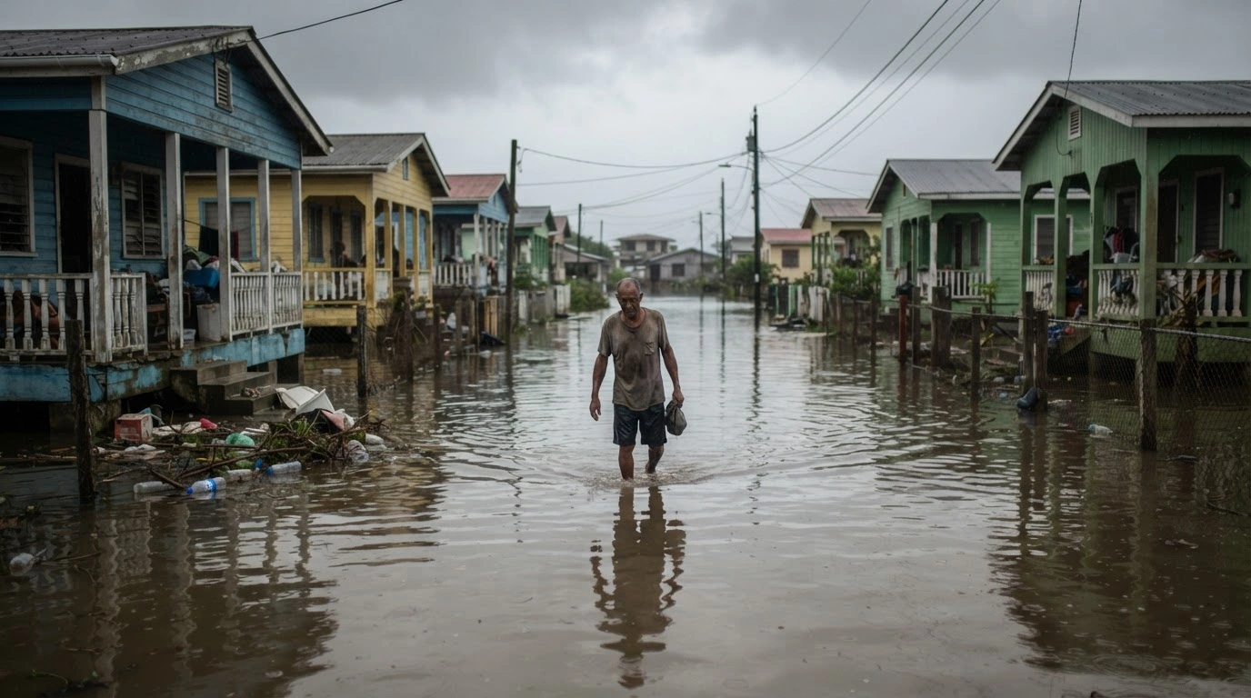 A flooded residential street in the Cedros district of Trinidad and Tobago shows the impact of recent heavy rainfall on local households.