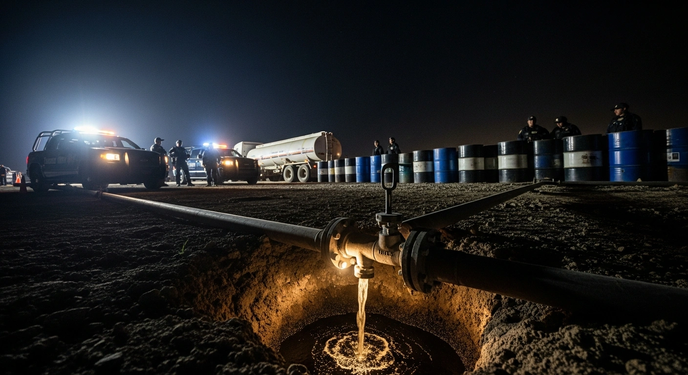 Authorities in Celaya, Mexico, illuminate a clandestine fuel tap siphoning 'huachicol' into large containers during a seizure operation against illicit fuel operations.