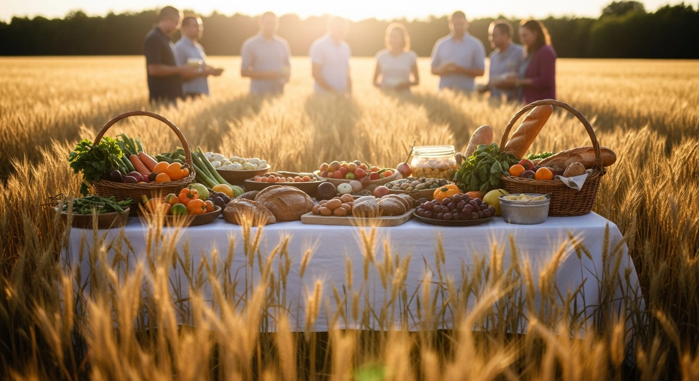 A bountiful harvest table filled with fresh Canadian produce sits in a golden wheat field to celebrate Food Day Canada and support local agriculture.