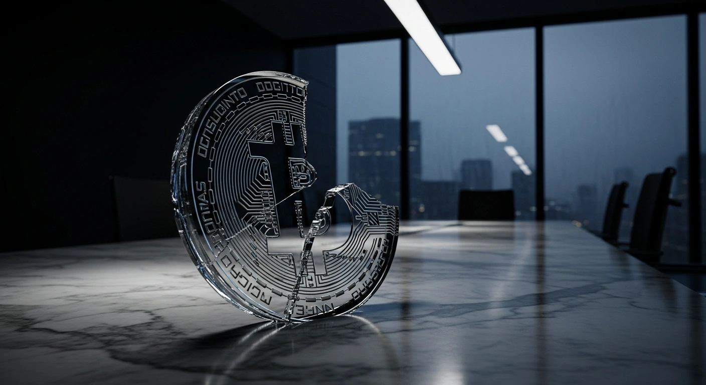 A shattered digital coin sculpture sits on a boardroom table, representing the legal settlement between the Federal Trade Commission and the founders of the defunct Celsius Network.