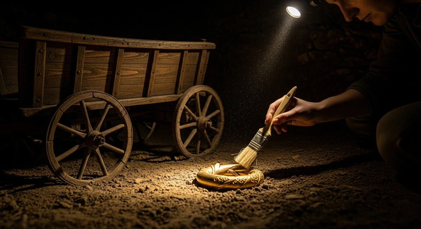 An archaeologist uncovers a gold Celtic torque and an ancient two-wheeled wagon inside a rare Iron Age princely grave in Hessen, Germany.
