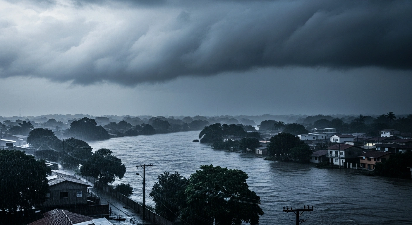 A flooded river landscape in Brazil during a period of intense rainfall as monitored by Cemaden for hydrological risks.