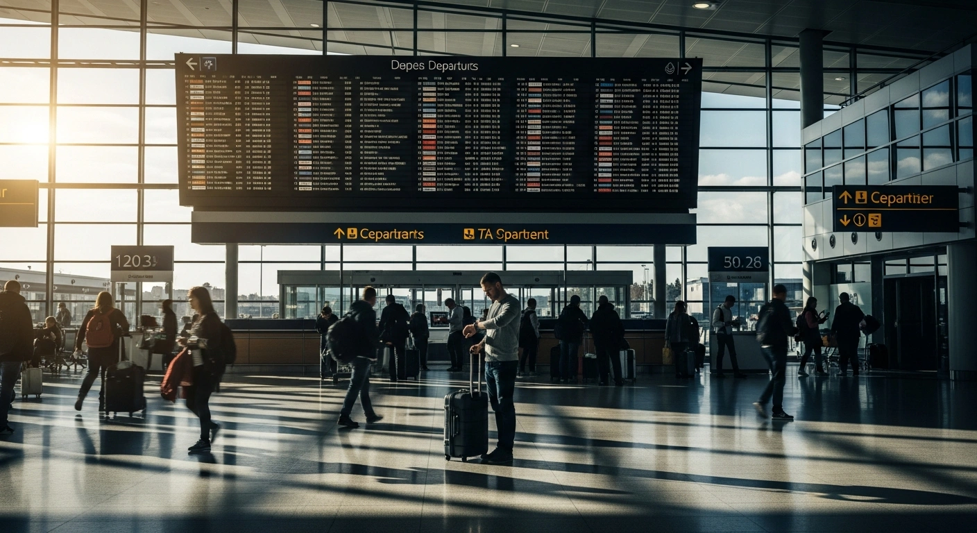 A traveler checks their watch in a busy airport terminal as CemAir issues a warning about potential flight disruptions due to national protests.