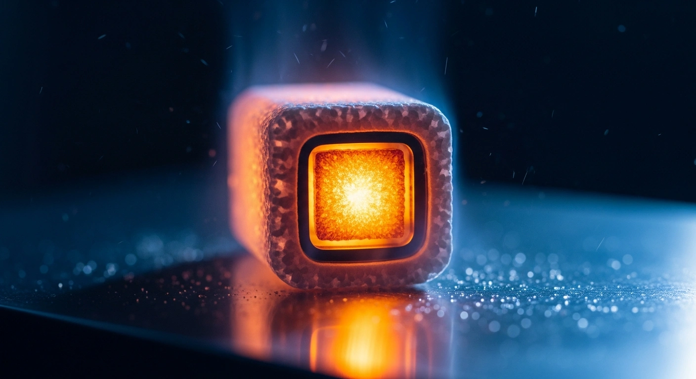 A close-up view of a ceramic-based lithium-ion battery cell glowing intensely while operating under extreme heat conditions.