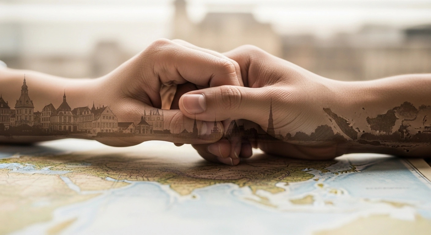 Two hands, one European and one Asian, are gently clasped over a distressed map, symbolizing the €25,000 support package from the French city of Cergy to its sister city Huế, Vietnam, for recovery from severe floods.