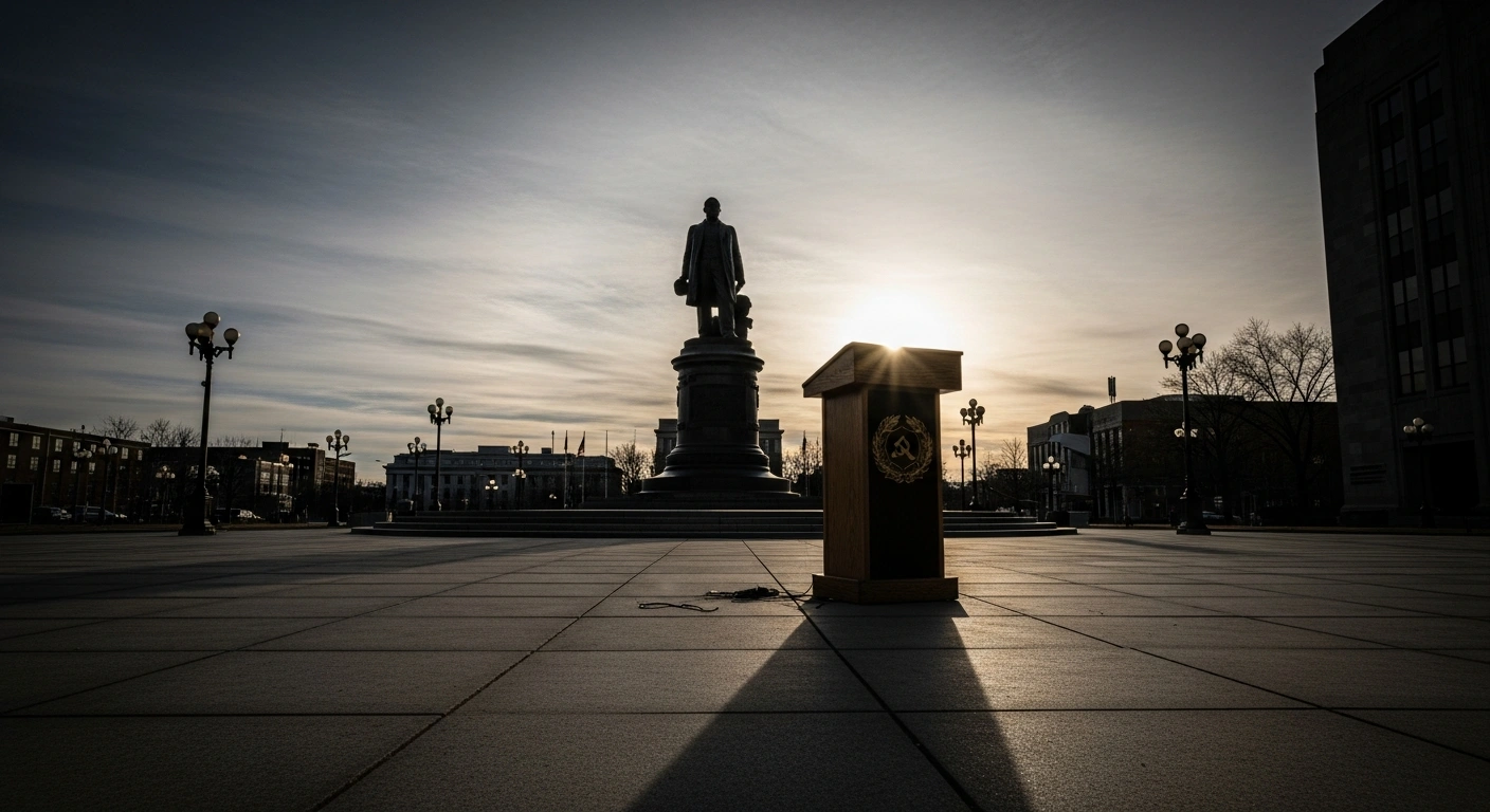 An empty public plaza features a statue of labor leader César Chávez at dusk, reflecting the cancellation of commemorative events following historical allegations.