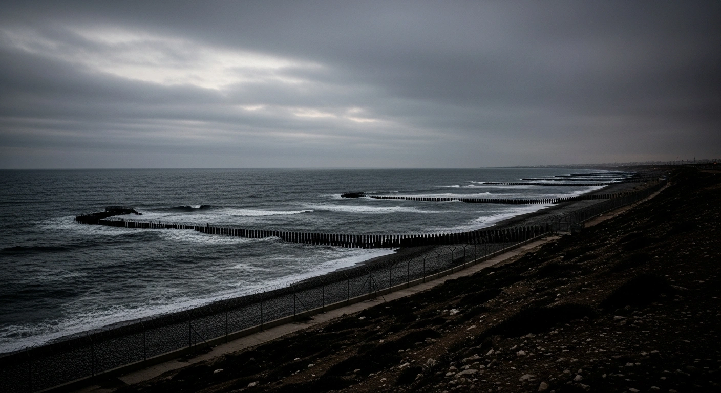 A somber view of the border fence and coastline in Ceuta where a tragic mass crossing attempt occurred.