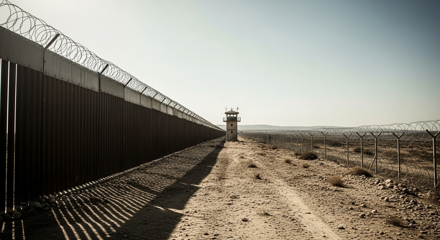 A desolate border fence at the Spanish enclave of Ceuta stands under a bright sun, symbolizing the ongoing migration debate in French politics.