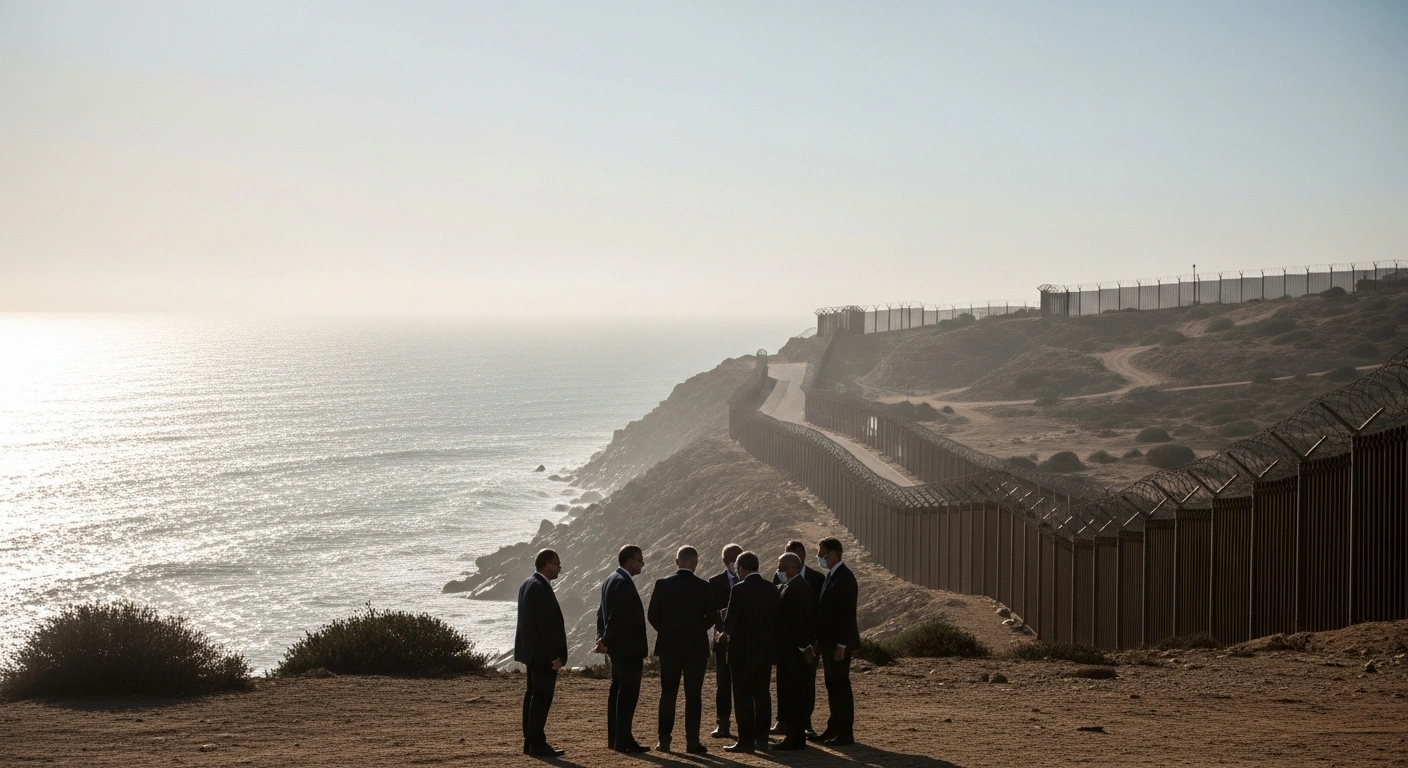 Spanish government officials discuss border security and migration challenges at the fortified border fence in the autonomous city of Ceuta.