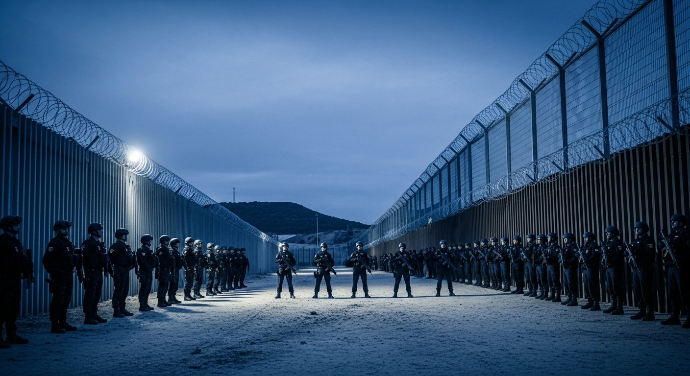 Spanish military and police forces stand guard along the fortified border fence in Ceuta to prevent irregular border crossings.