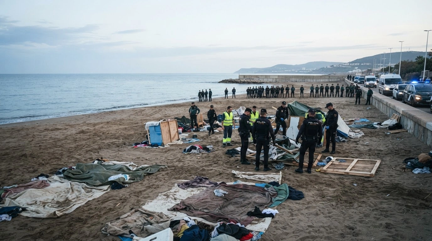 Spanish police officers dismantle a makeshift migrant camp on a beach in Ceuta as part of an operation to relocate individuals to reception centers.