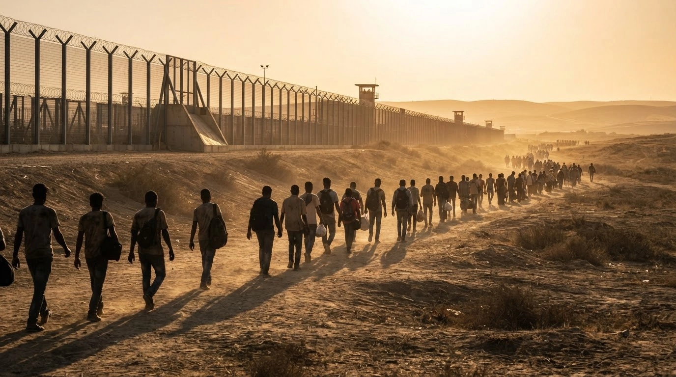 A large group of people walks away from the Spanish enclave of Ceuta toward the Moroccan border following a period of high migration activity.