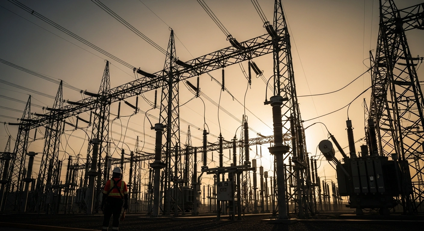 A technician performs maintenance on a large electrical substation in Jalisco, Mexico, during a scheduled power grid improvement project.