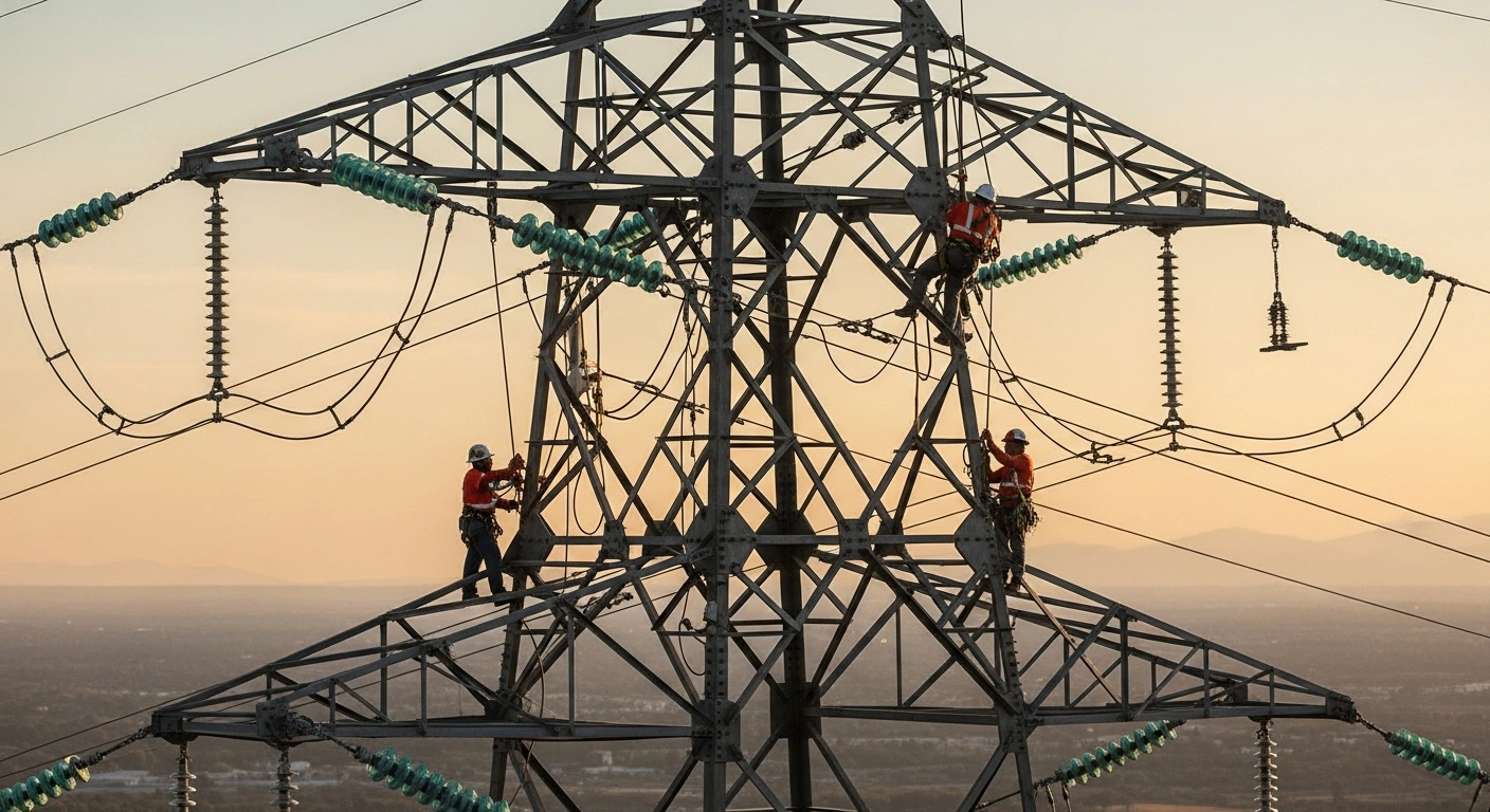 A team of Federal Electricity Commission workers performs maintenance on a high-voltage electrical transmission tower to modernize the power grid in Mexico.