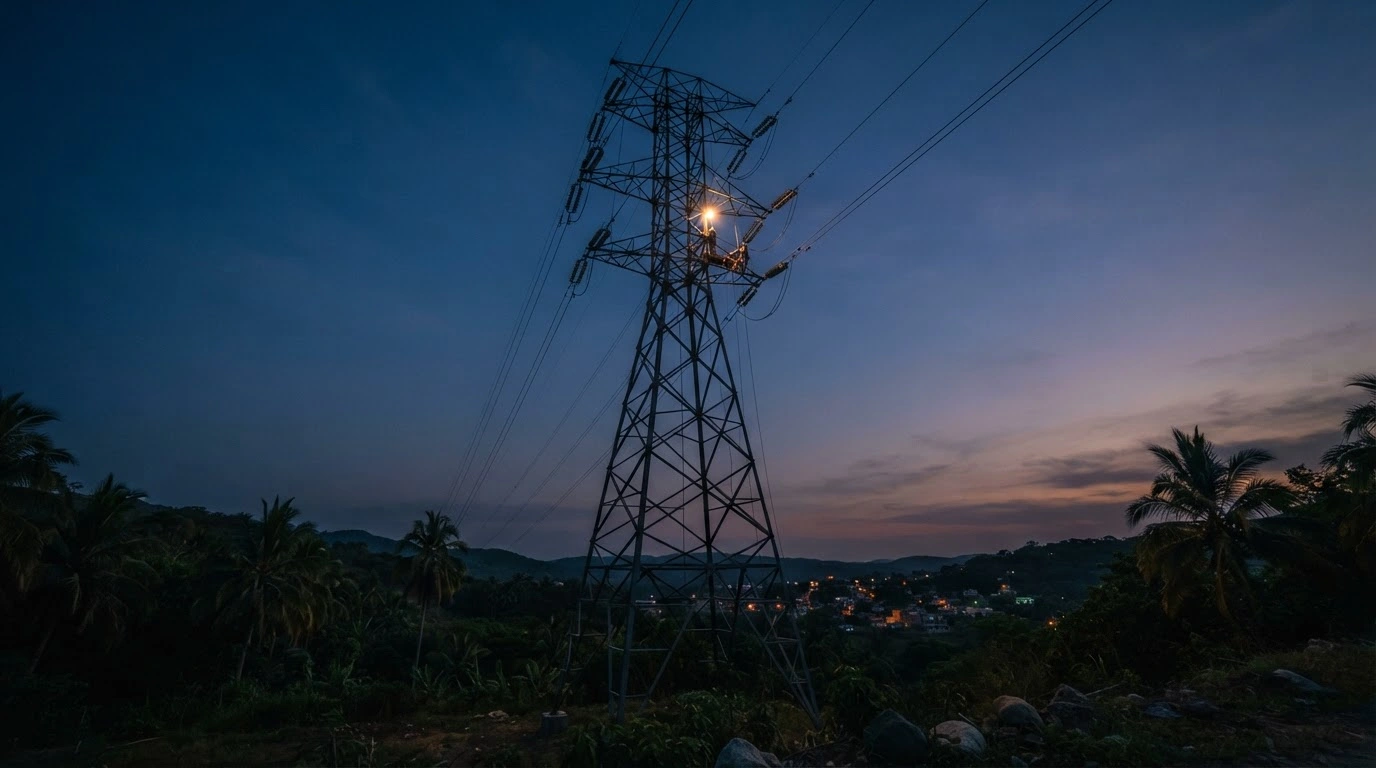 A large electrical transmission pylon stands against a twilight sky as the Federal Electricity Commission performs maintenance on the power grid in Veracruz and Yucatán.