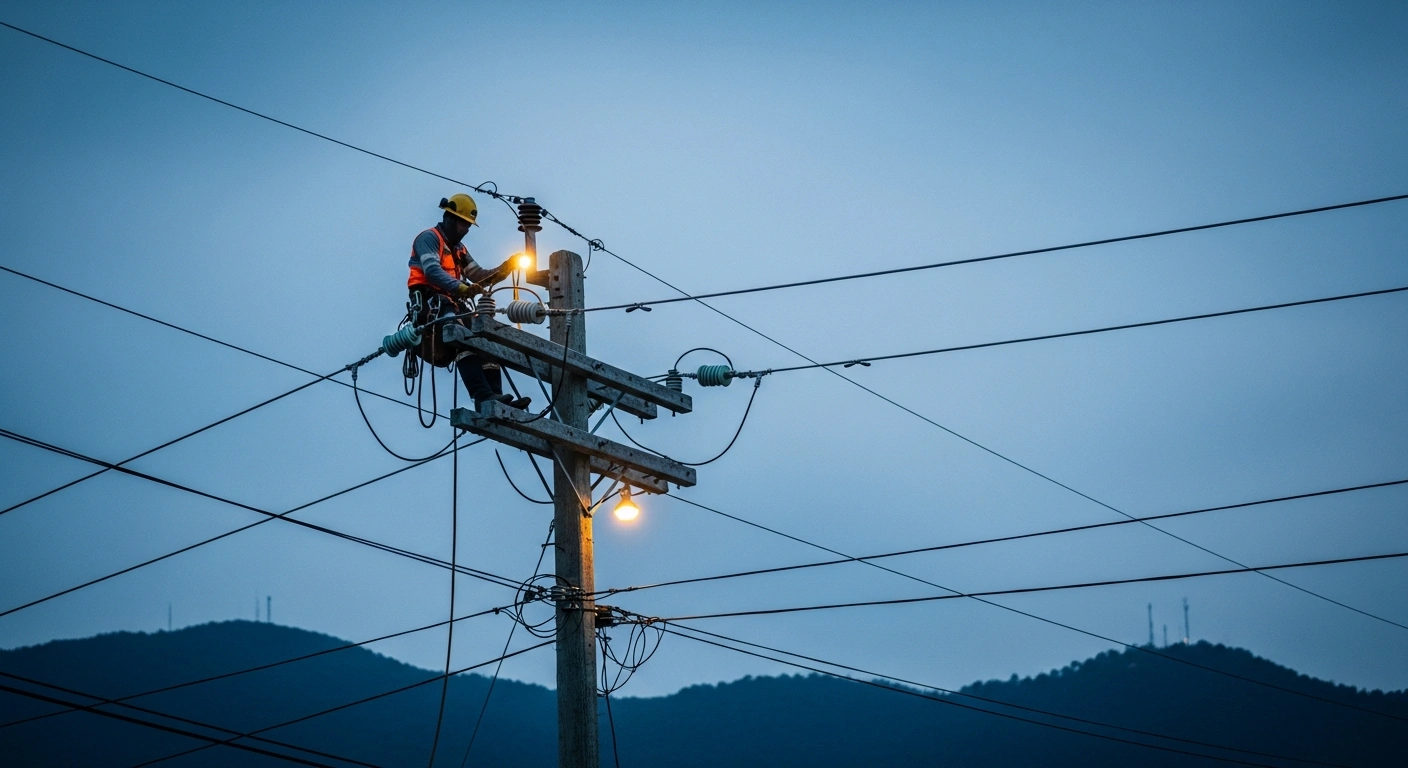 A utility worker performs maintenance on a power pole in Huitzilac, Morelos, as part of a scheduled CFE grid improvement project.