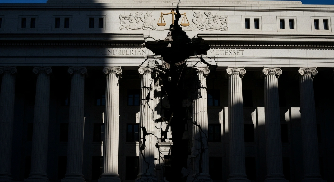 A monumental, classical-style building adorned with symbolic scales of justice is dramatically cracking down the middle under stark, high-contrast lighting, representing the weakening of consumer safeguards and regulatory power as the Consumer Financial Protection Bureau (CFPB) faces challenges to its funding, staff reductions, and halted enforcement actions.