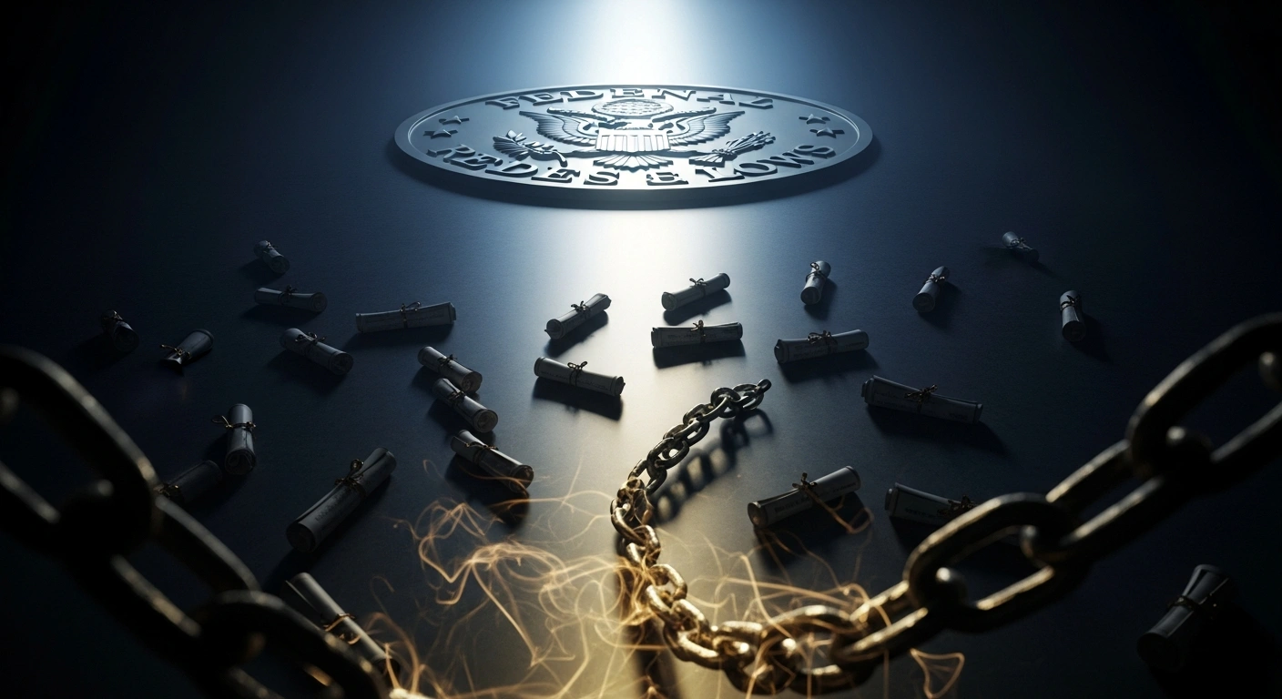 A powerful, ethereal light emanating from a large federal seal casts a dominant shadow over smaller legal scrolls, symbolizing the preemption of state laws by the Fair Credit Reporting Act, while a heavy chain dissolves into light in the foreground, representing the rescission of the Nonbank Registry Rule by the CFPB.