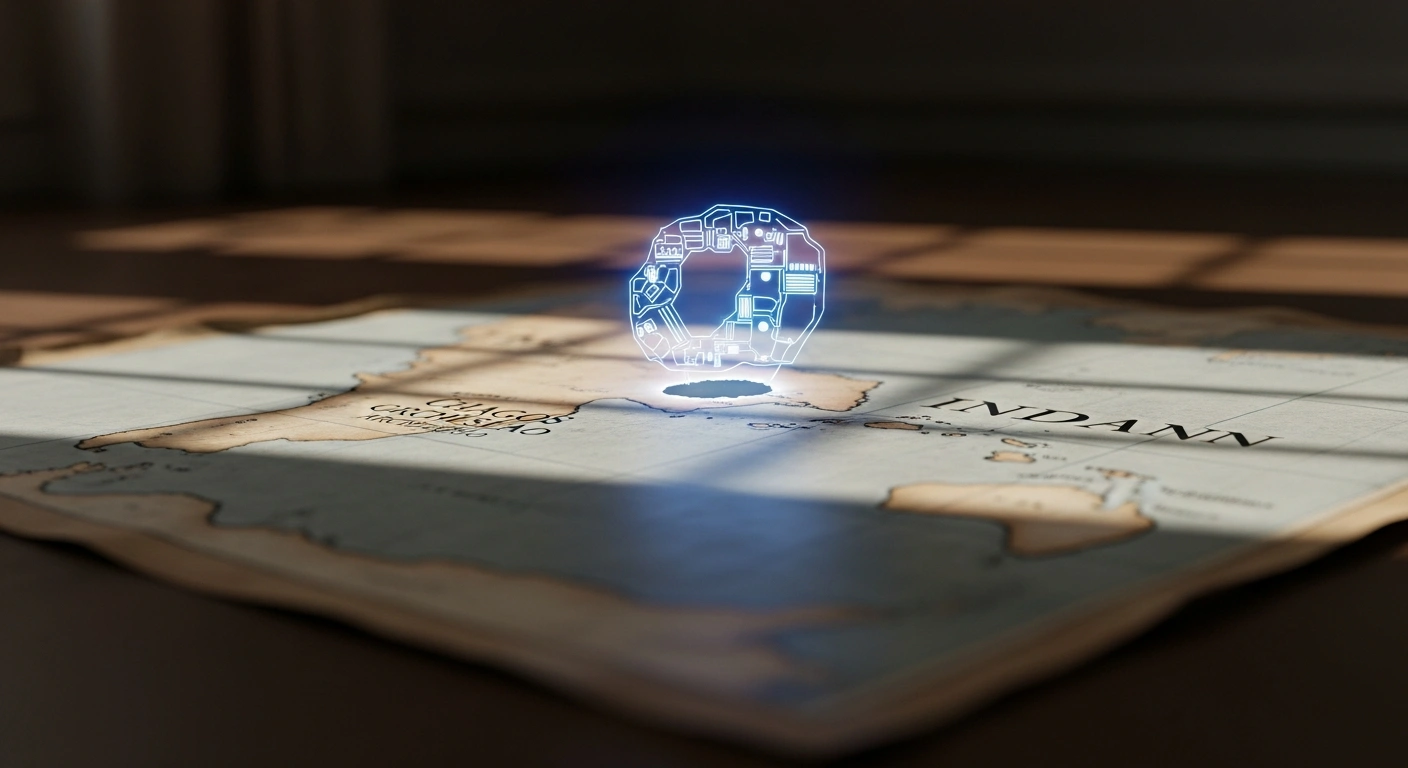 An antique map of the Indian Ocean, specifically highlighting the Chagos Archipelago, is overlaid with a shimmering blue holographic blueprint of a modern military base on Diego Garcia, symbolizing the UK Parliament's bill to transfer sovereignty to Mauritius while maintaining the UK-US military base under a 99-year lease.