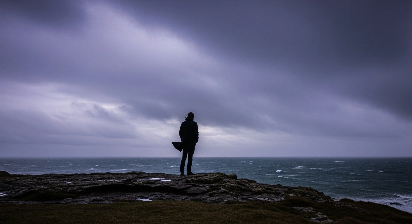 A solitary figure, representing UK Chancellor Rachel Reeves, stands on a windswept cliff overlooking a turbulent, dark sea under a stormy sky, symbolizing the nation's economic outlook facing harsh global headwinds and potential tax rises.