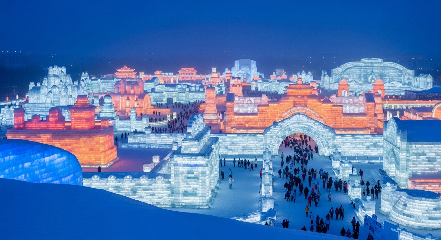 An expansive view of the Changchun Ice and Snow New World in Jilin Province, northeast China, showcases numerous elaborate, internally lit ice and snow sculptures under a twilight sky, with small figures of visitors enjoying the winter activities at the 29th Changchun Ice and Snow Festival.