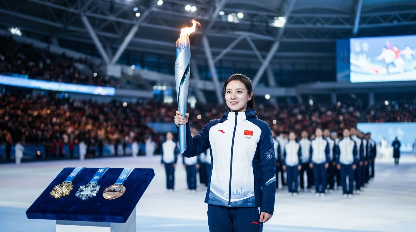 The official torch and medals for the 2027 Winter Universiade are displayed during a ceremony in Changchun, China, marking the 100-day countdown to the event.