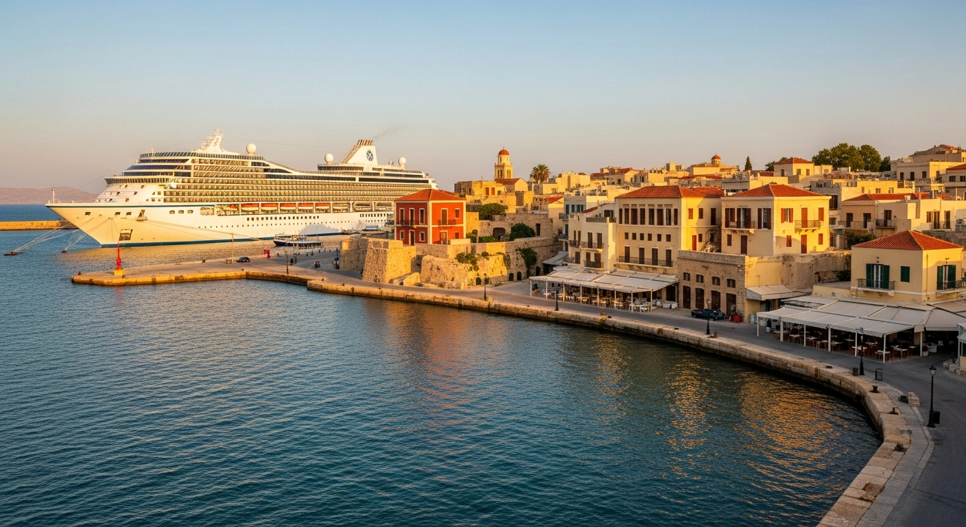A large, modern cruise ship is docked in the historic Venetian Harbor of Chania, Crete, at sunset, symbolizing the city's achievement of over 400,000 cruise passengers in 2025 and its growing prominence as a Mediterranean cruise destination.