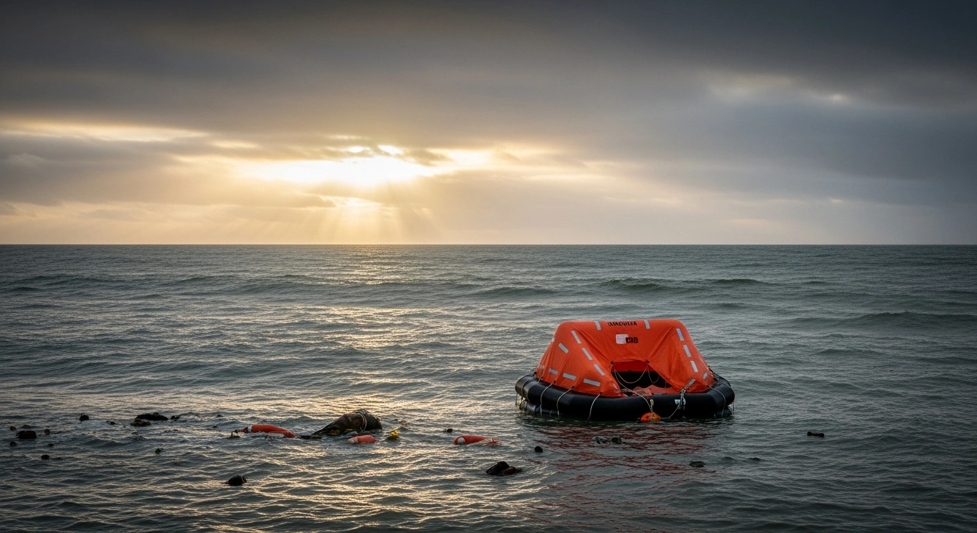 A wide, somber view of the turbulent English Channel at dawn, showing a partially submerged, deflated orange life raft and debris, symbolizing the avoidable tragedy of the November 2021 migrant boat sinking and the systemic failures in UK maritime search and rescue.