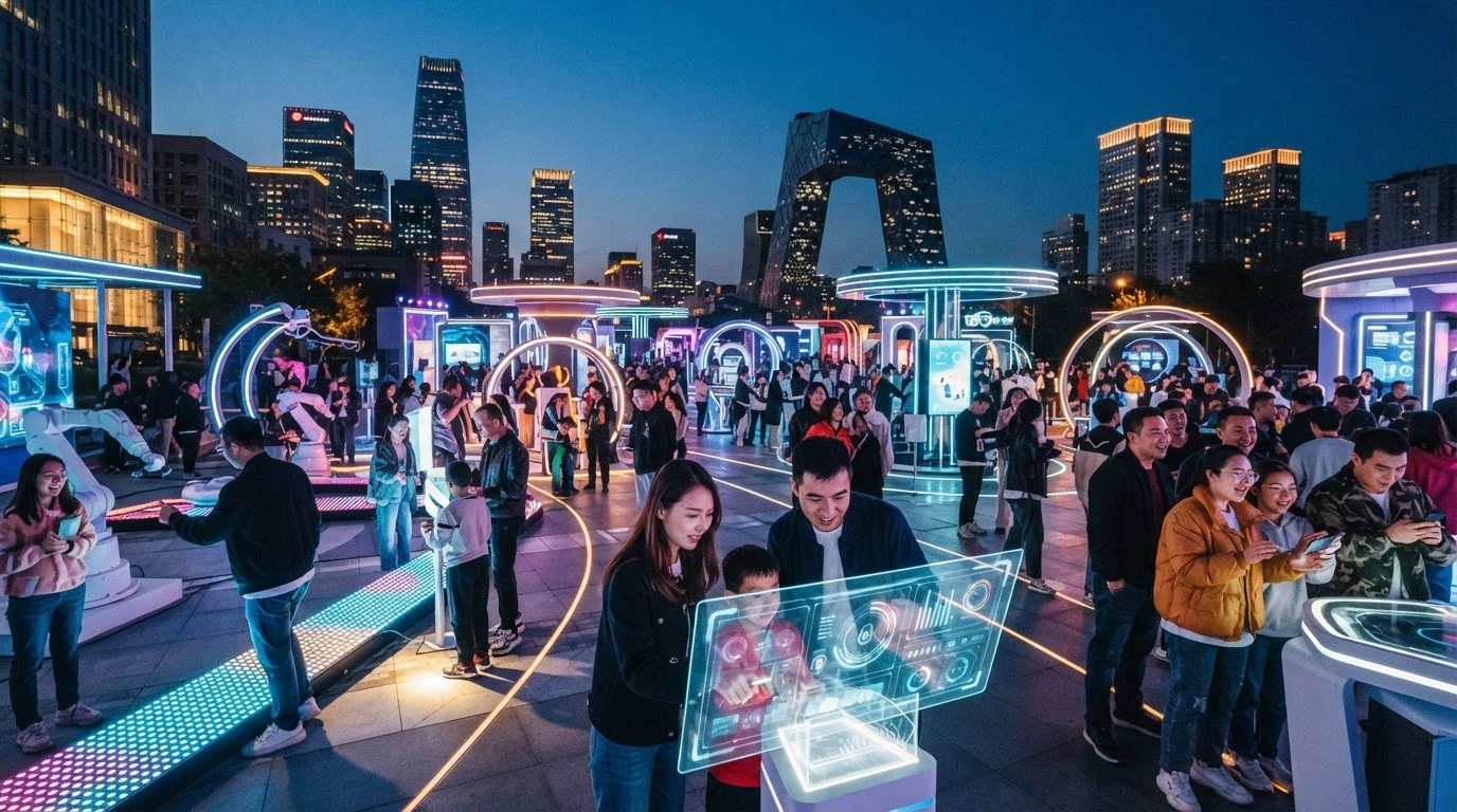 Visitors engage with interactive technology exhibits at the Chaoyang Sci-Tech and Culture Carnival in Beijing.
