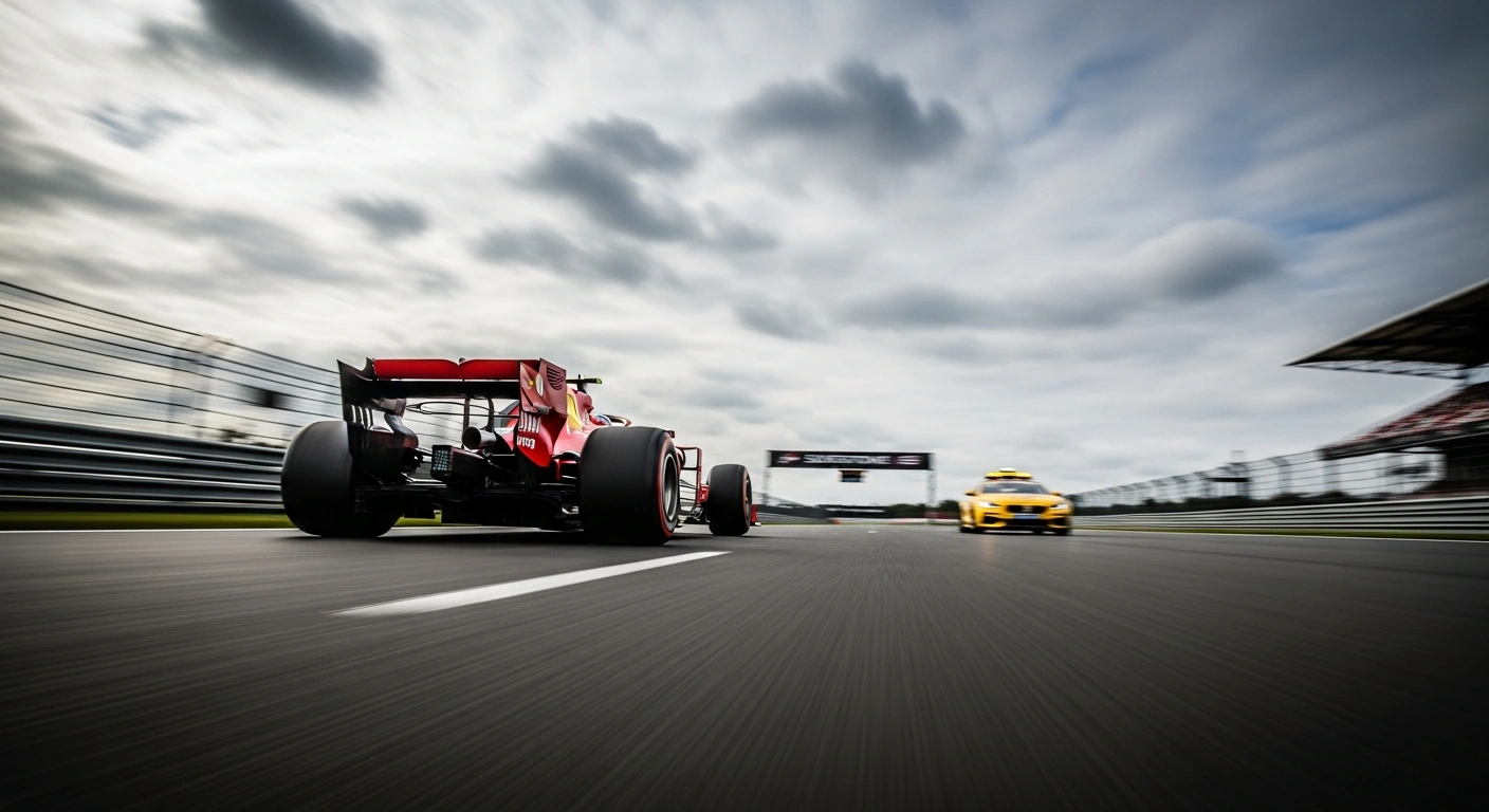 A red Ferrari Formula One car driven by Charles Leclerc leads the pack at the Silverstone circuit during the British Grand Prix.