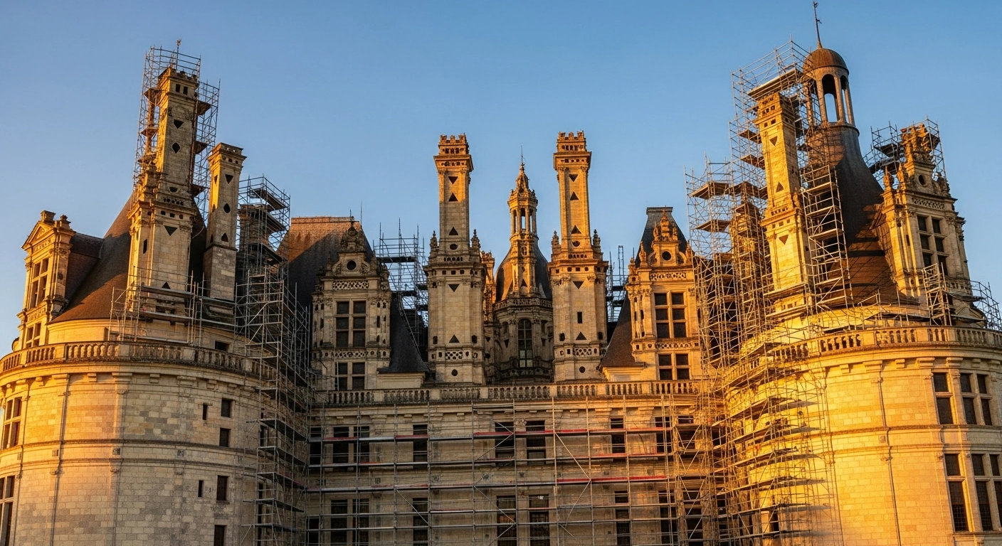 The Chateau de Chambord in France is shown undergoing structural restoration with scaffolding surrounding its iconic Renaissance towers.