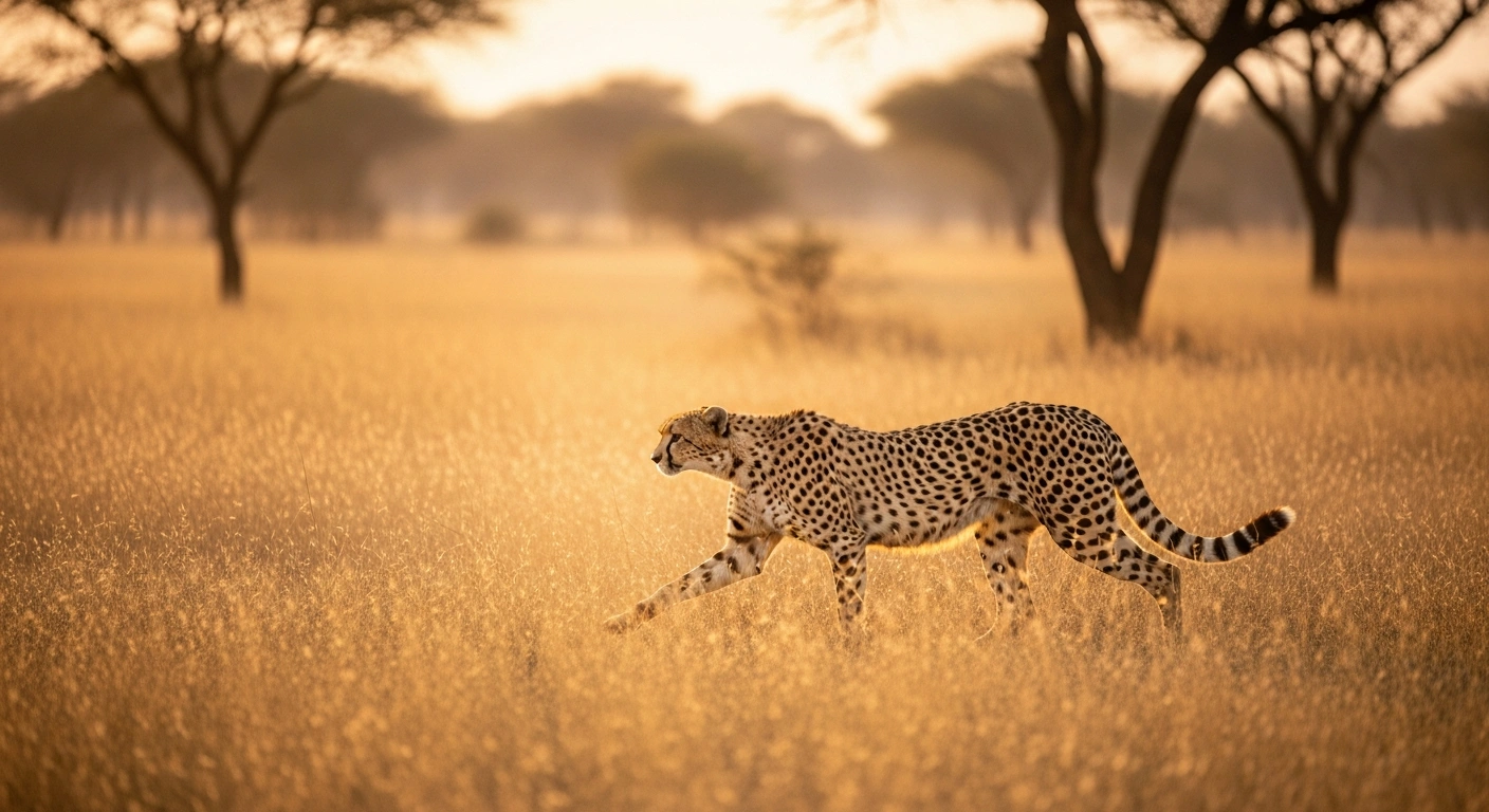 A wild cheetah walks through the tall grass of the Indian savanna as part of its natural territorial movement between Kuno National Park and Rajasthan.