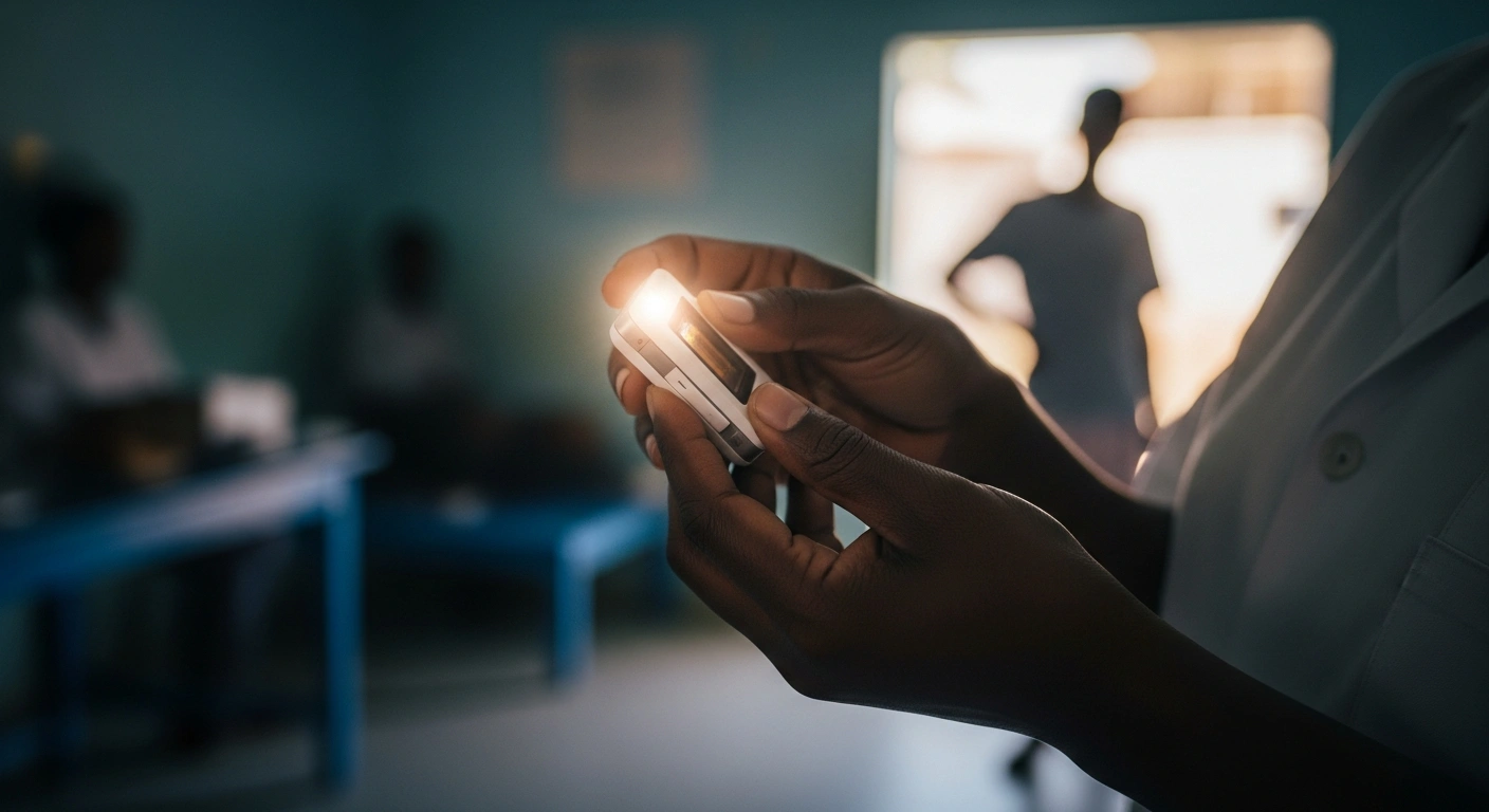 A close-up image depicts a pair of hands carefully holding a compact, illuminated diagnostic device within a simple clinic setting, symbolizing Chembio Diagnostic Systems' development of a rapid typhoid fever test with a CARB-X grant to combat antimicrobial resistance in low-resource regions.