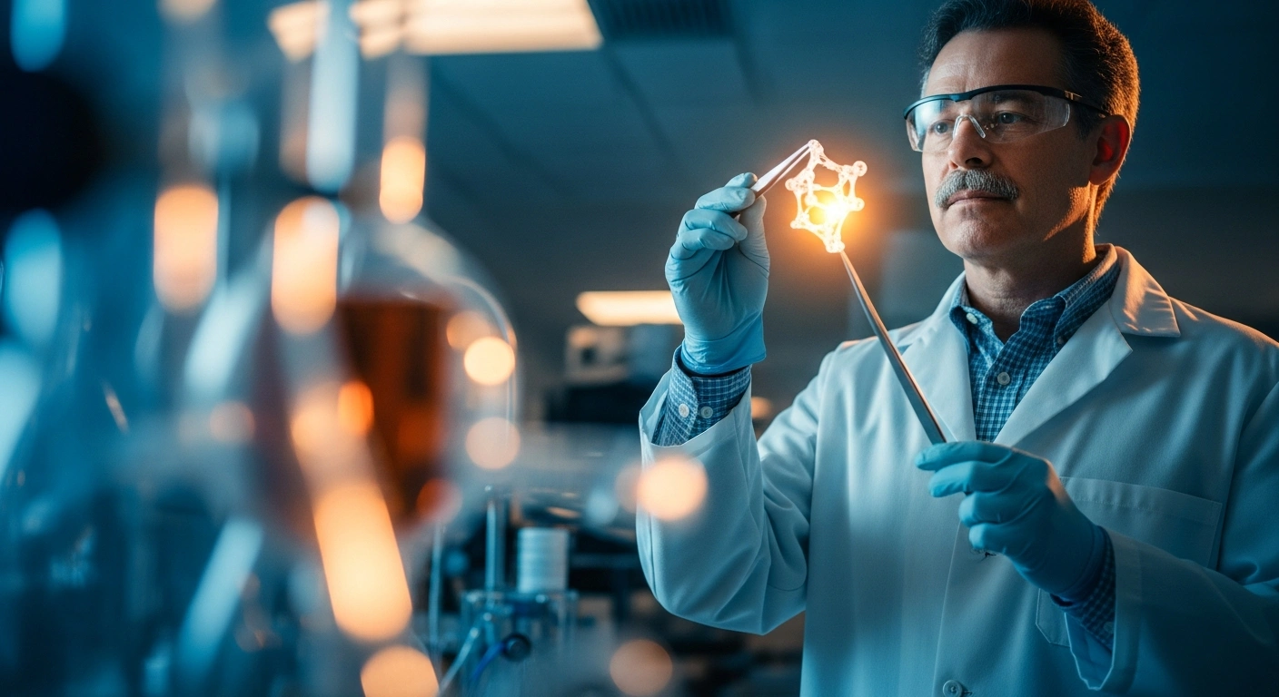 Chemist Zhang Wei examines a sustainable polymer sample in a modern research laboratory at Great Bay University.
