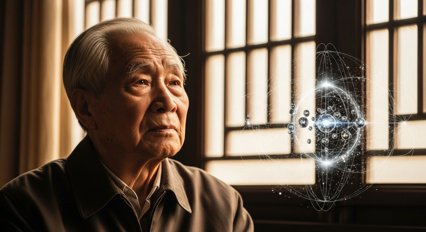 A dignified, elderly Asian man with a contemplative expression is bathed in soft, golden light, with an abstract, ethereal representation of subatomic particles and force fields in the background, symbolizing the profound scientific legacy of figures like Nobel Prize-winning physicist Chen-ning Yang, whose work on parity non-conservation and the Yang-Mills theory shaped modern physics and fostered scientific exchange between China and the West.