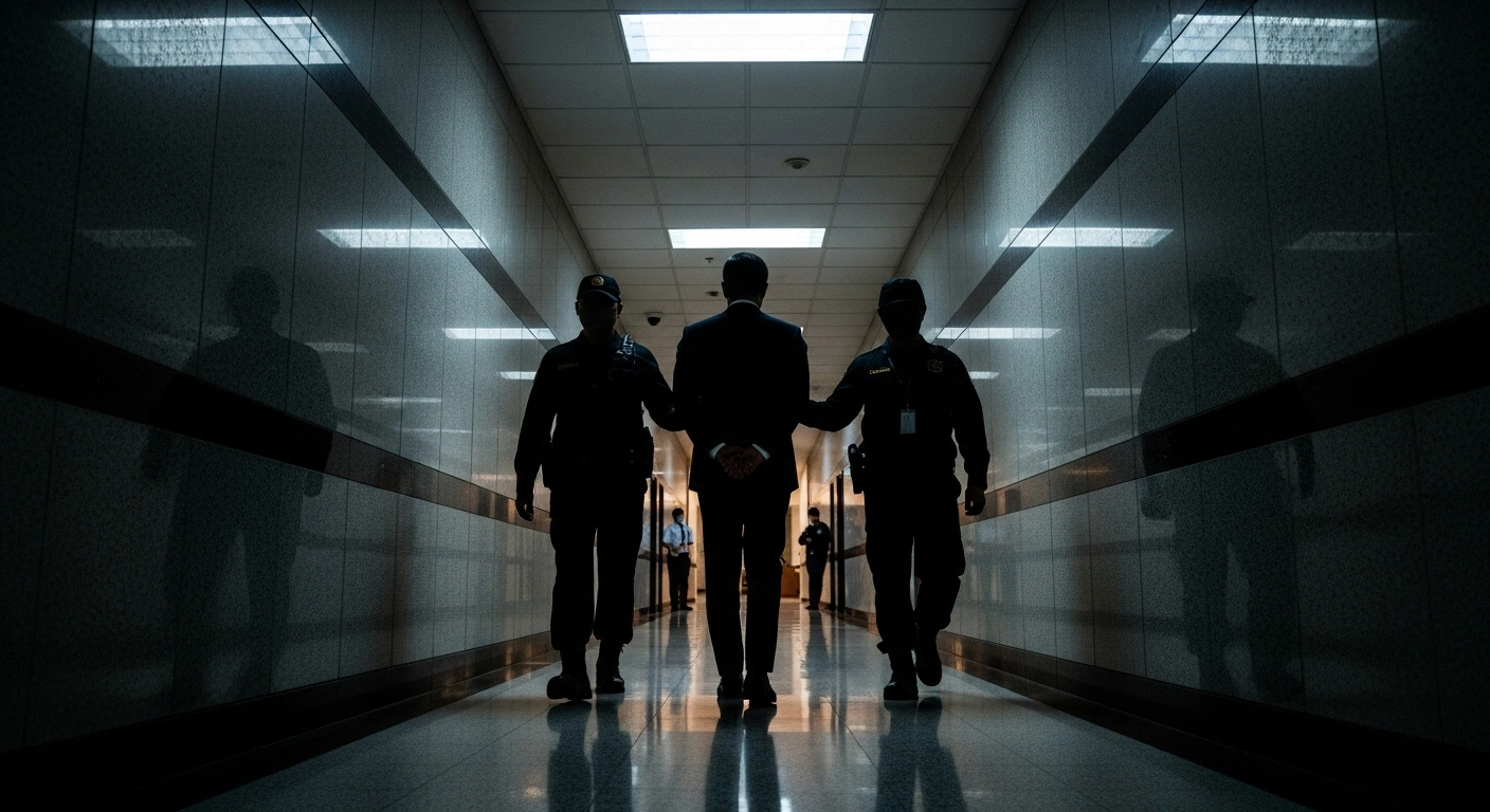 A man representing Chen Zhi, founder of Cambodia's Prince Group, is apprehended in a sterile corridor, symbolizing his arrest and repatriation to China for alleged cross-border fraud, money laundering, and involvement in a 'pig-butchering' scam.