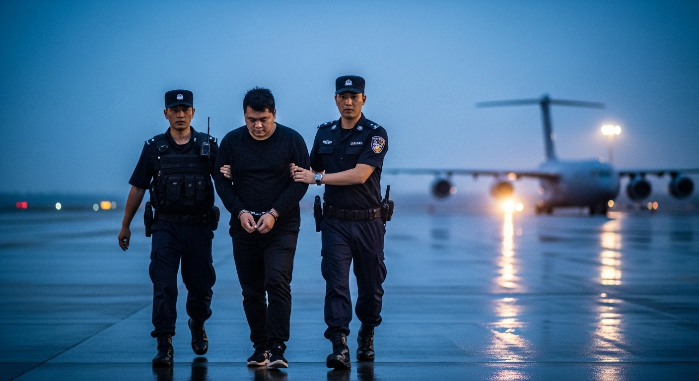A high-ranking member of the Chen Zhi criminal gang is escorted by Chinese law enforcement officers after being extradited from Cambodia to China.