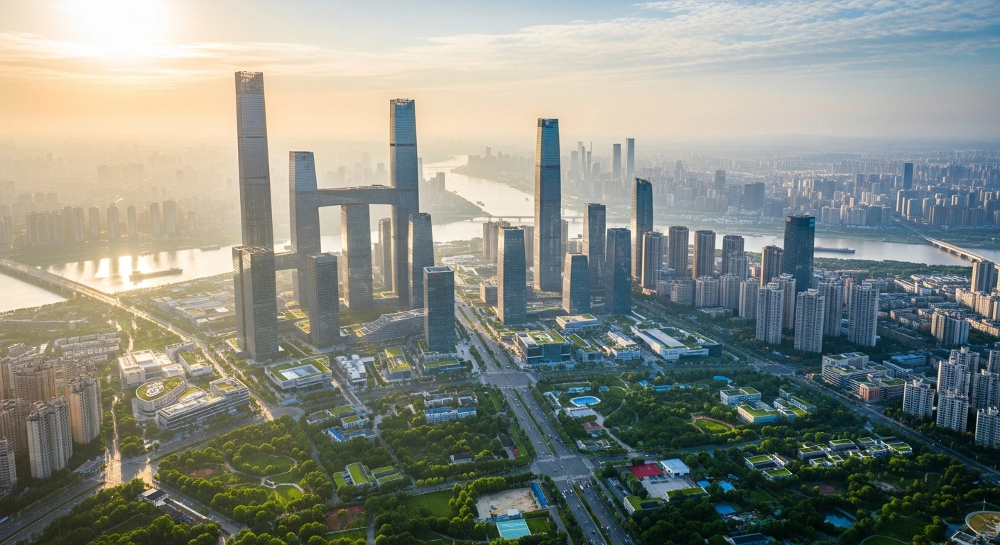 A high-angle drone shot captures a futuristic cityscape at sunrise, featuring interconnected skyscrapers, green infrastructure, and urban parks, symbolizing the advanced development and sustainability of the Chengdu-Chongqing Economic Circle as designated by China's 15th Five-Year Plan for western China.
